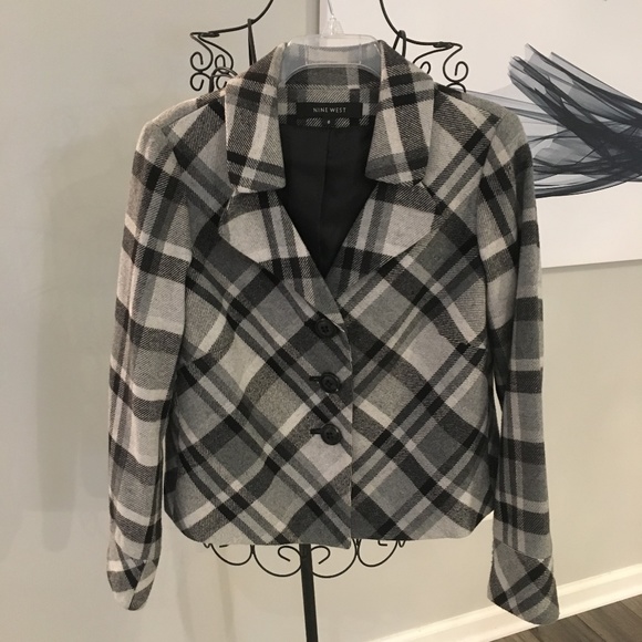 Nine West Black and Gray Plaid Wool Swing Coat - Picture 1 of 7